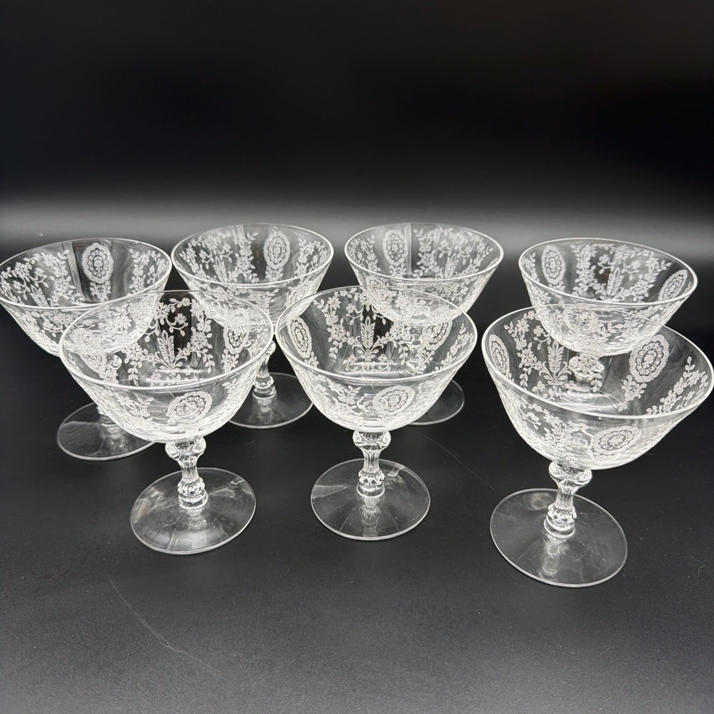 Vintage Tiffin June Night Etched Crystal Champagne Coupe Glasses Set of 7